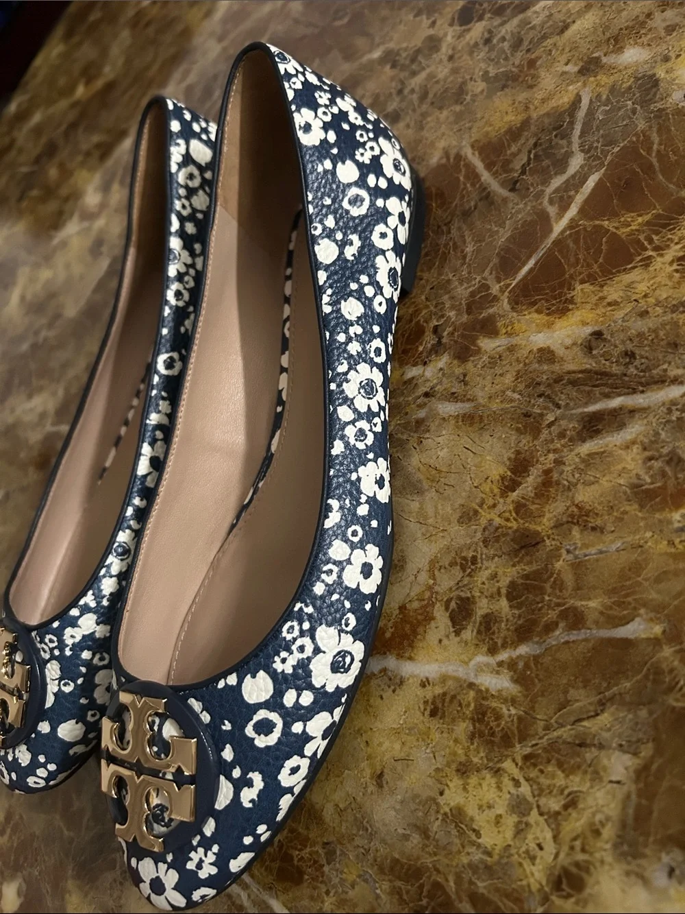 Tory Burch Navy and White Floral Logo Ballet Flats, size 8.5